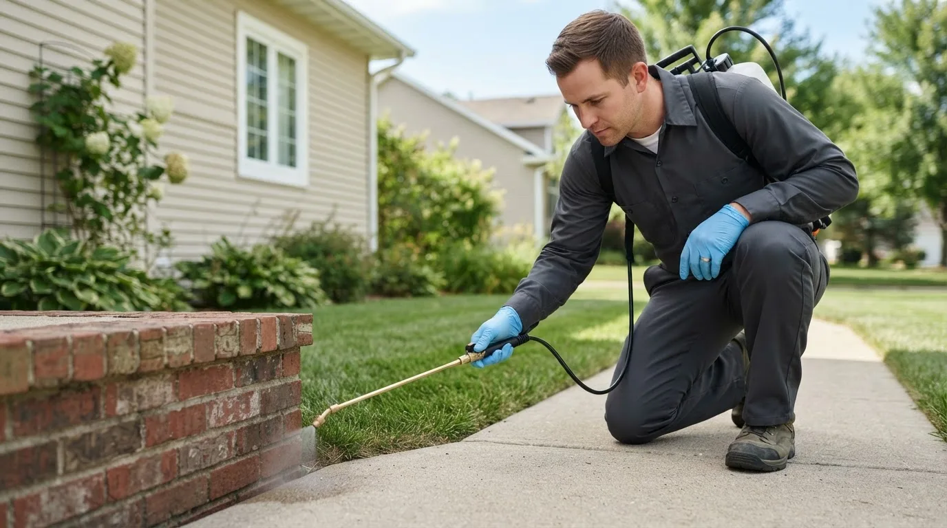 Pest control technician treating a home near Hardenville, MO