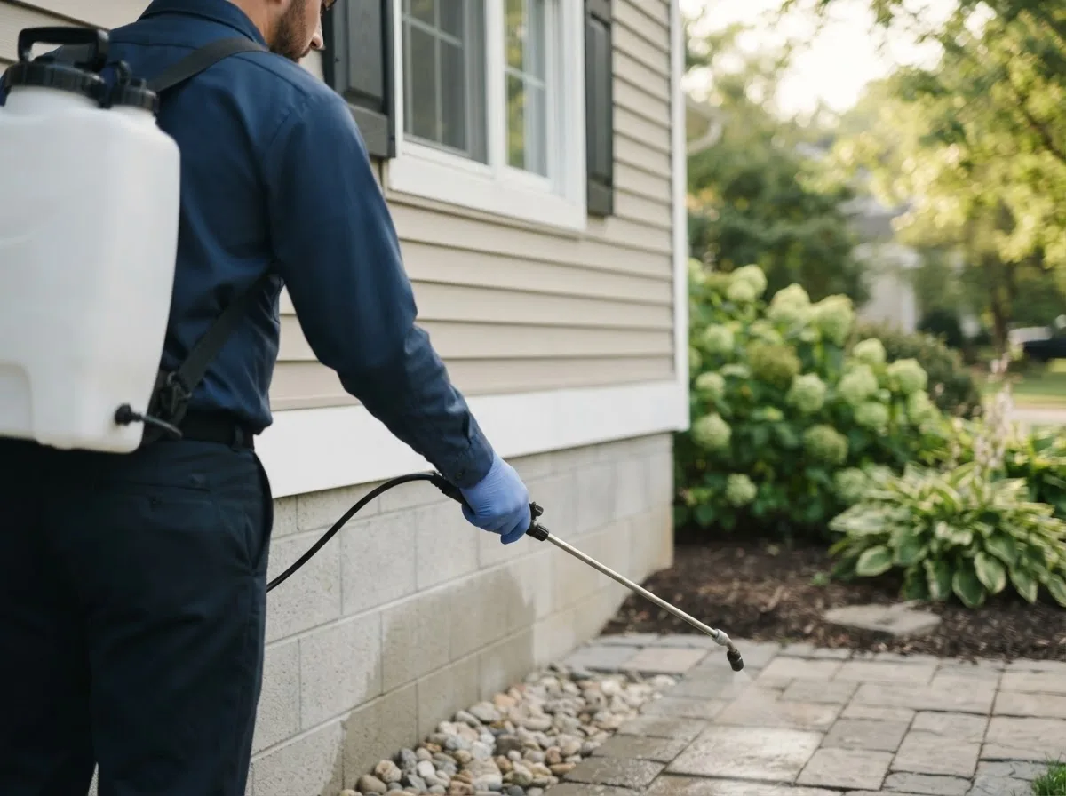 Pest control technician inspecting a home in Hardenville, MO